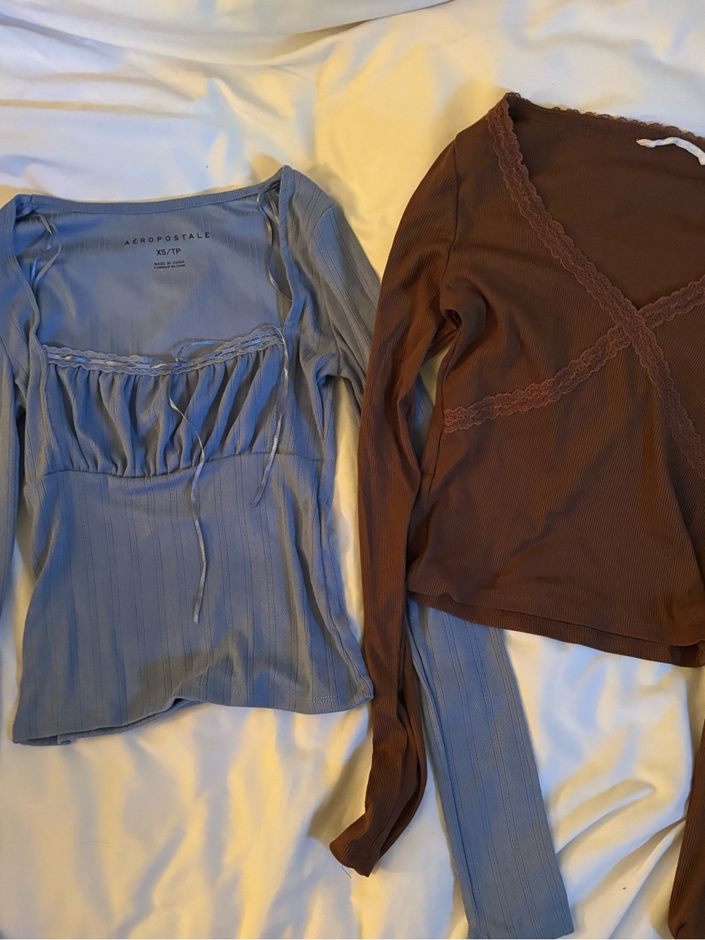 Aeropostale Blue Ribbed Long Sleeve Top - Feminine Square Neck